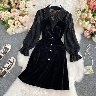V-neck Velvet Plain Dress Black - One Size