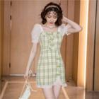 Puff-sleeve Plaid Chiffon Mini Sheath Dress