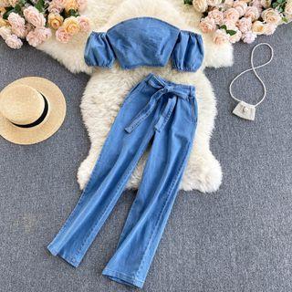 Set: Short-sleeve Denim Crop Top + Harem Jeans