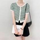Round-neck Two Tone Striped Button-up Knit Top