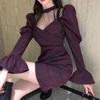Plaid Asymmetric Bell-sleeve Mini Dress