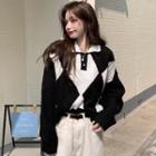 Polo-neck Argyle Cropped Sweater Black & White - One Size