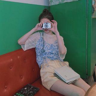 Elbow-sleeve Sheer Top / Floral Print Drawstring Camisole Top / Shorts
