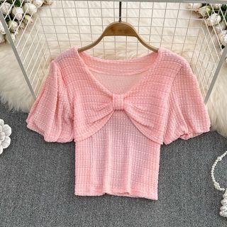 Puff Sleeve Bow Detail Crop Blouse
