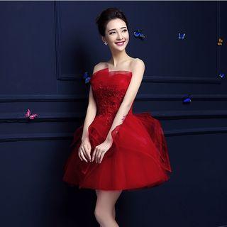 Strapless Lace Appliqu  Mini Pom Dress