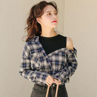 Long-sleeve Plaid Paneled Cold Shoulder Top
