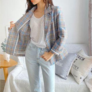 Fringe-trim Plaid Linen Blazer