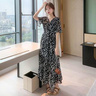 Short Sleeve Floral Print V-neck Maxi Chiffon Dress