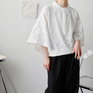Elbow-sleeve Floral Textured Henley Shirt