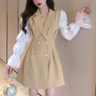 Two-tone Panel Long-sleeve Double-breasted Mini A-line Dress