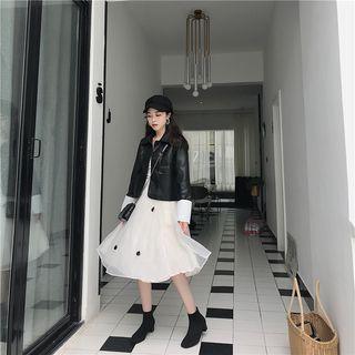 Faux-leather Biker Jacket / Midi Mesh Skirt