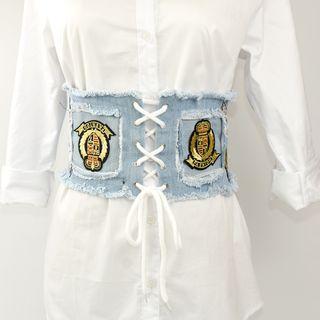 Applique Lace Up Fringed Denim Corset Belt Denim Blue - One Size