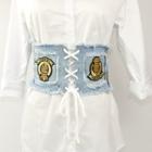 Applique Lace Up Fringed Denim Corset Belt Denim Blue - One Size