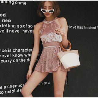 Set: Lace Paneled Velvet Swimsuit + Cover Up Mini Skirt