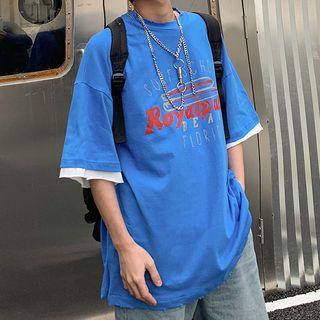 Elbow-sleeve Mock Two-piece Print T-shirt