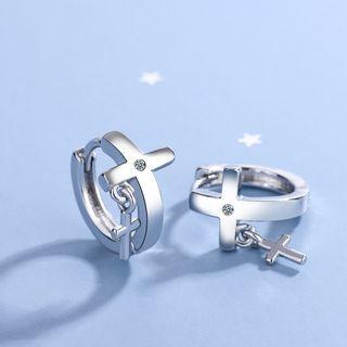 Cross Rhinestone Alloy Hoop Earring 1 Pair - Silver - One Size