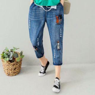 Cat Embroidered Ripped Harem Jeans