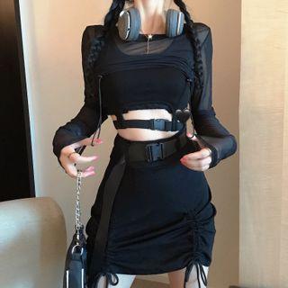Set: Long-sleeve T-shirt + Tank Top + Belted Mini Skirt Set - T-shirt & Tank Top & Mini Skirt - Black - One Size