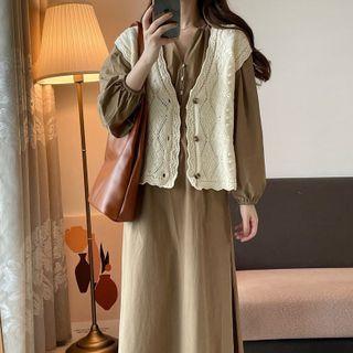 Long-sleeve Midi A-line Dress / Single-breasted Vest