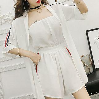 Set: Striped Applique Strapless Wide Leg Playsuit + Light Jacket