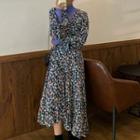 Floral Long-sleeve Midi A-line Dress Dress - As Shown In Figure - One Size