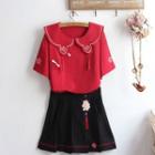 Short-sleeve Collared Top / Pleated Skirt / Set
