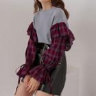 Plaid Sleeve Ruffle Pullover Blue - One Size