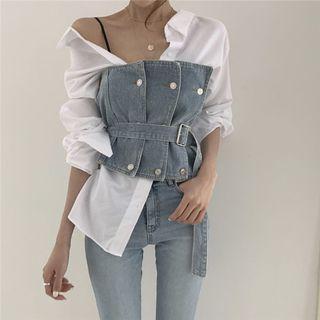 Long-sleeve Plain Shirt / Drawstring Denim Tube Top