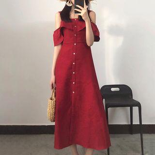 Cold-shoulder A-line Buttoned Midi Dress