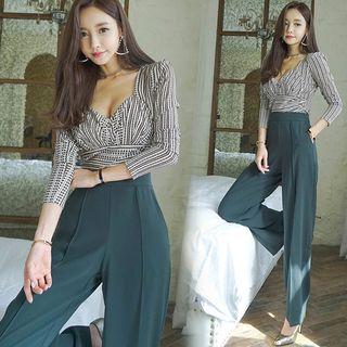 Set: Long-sleeve V-neck Plaid Top + Wide-leg Pants