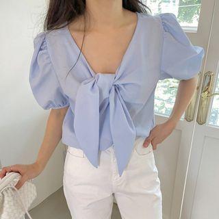 Short-sleeve V-neck Bow Blouse Blue - One Size