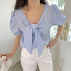 Short-sleeve V-neck Bow Blouse Blue - One Size
