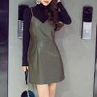Set: Mock Neck Long-sleeve Top + Faux Leather Pinafore Dress