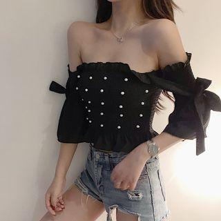 Cold-shoulder Faux Pearl Smocked Blouse