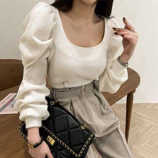 Puff-sleeve Cropped Waffle Top