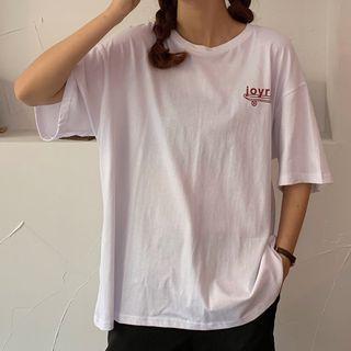 Elbow-sleeve Plain Crew-neck Oversized Print T-shirt