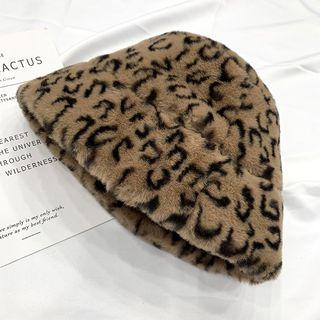 Leopard Print Faux Fur Bucket Hat Leopard Coffee - One Size