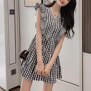 Sleeveless Gingham Paneled Ruffled A-line Mini Dress