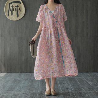 Patterned Wrap-front Short-sleeve Midi A-line Dress
