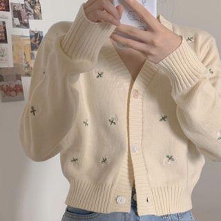 Plain Short-sleeve T-shirt / Flower Embroidered Cardigan / Wide-leg Jeans