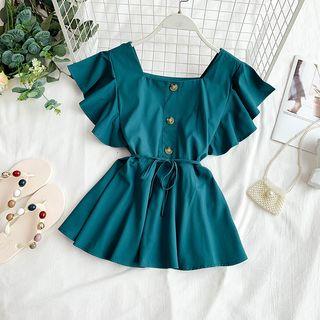 Flutter-sleeve Square Neck Chiffon Top