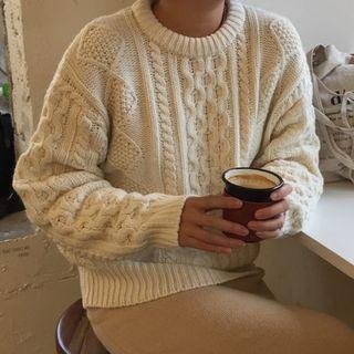 Oversize Plain Cable Sweater Off-white - One Size