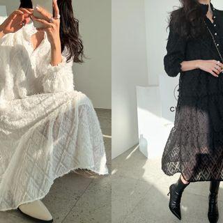 Button-up Fluffy Lace Long Dress
