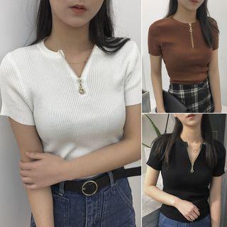 Short Sleeve Zip Placket T-shirt
