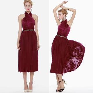 Sleeveless Halter Midi A-line Evening Dress