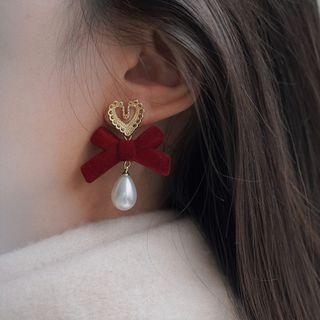 Heart Bow Velvet Faux Pearl Drop Earring