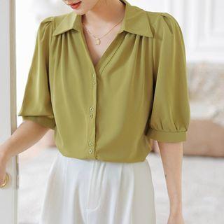 Puff-sleeve V-neck Plain Chiffon Shirt