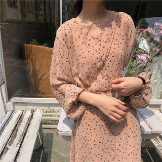 Floral Print Balloon-sleeve Midi Chiffon Dress Orange Pink - One Size