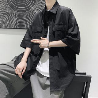 Plain Elbow-sleeve Shirt With Front Pocket
