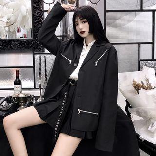 Lapel Collar Zip-accent Button Blazer